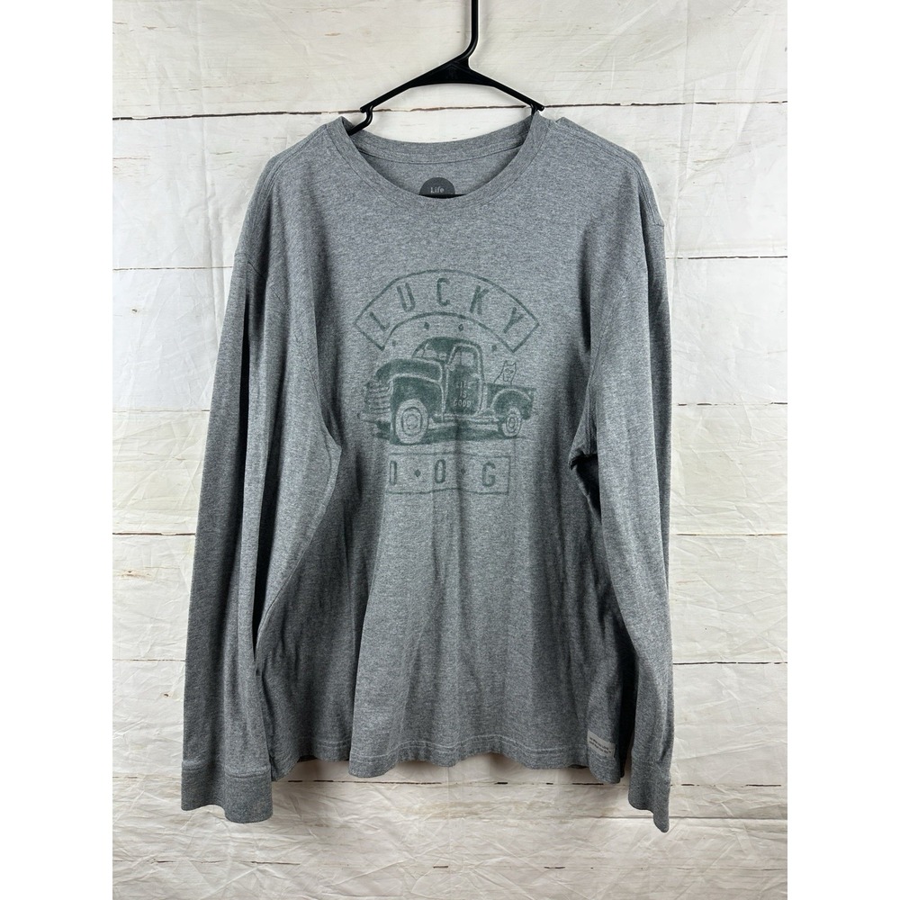 Life Is Good Lucky Dog Truck Classic Fit Long Sleeve Shirt Mens Size XL Grey LS